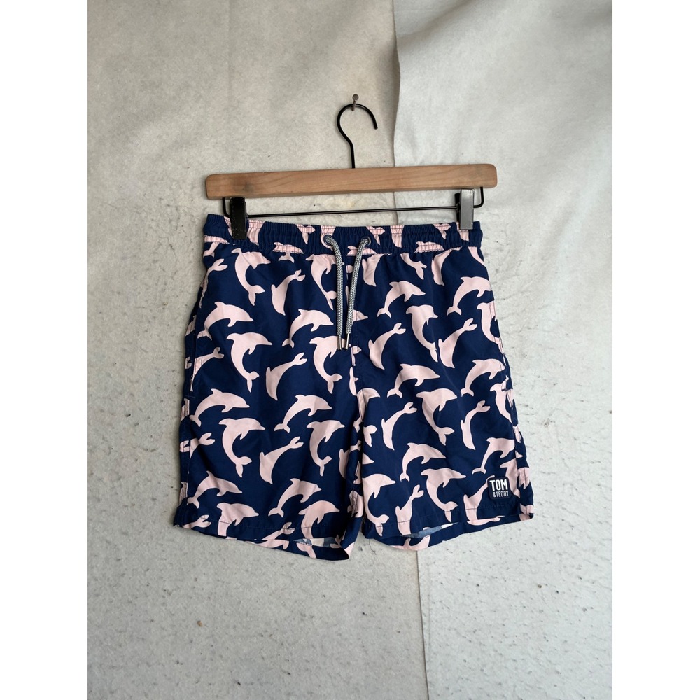 Tom & Teddy Boys Navy Pink Dolphin Print Swim Trunks Size 9/10